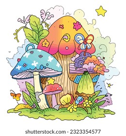 Fairy Mushroom House watercolor Clipart