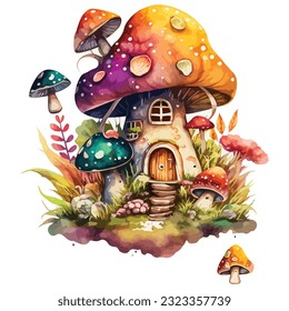 Fairy Mushroom House watercolor Clipart