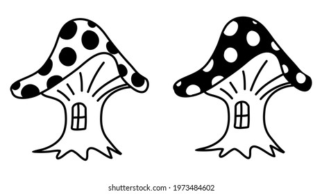 Fairy mushroom with polka dot hat and window, house in the form of mushroom fly agaric, black and white hand drawn doodle vector illustration