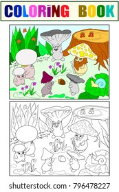 Fairy mushrooms in the forest coloring book for children cartoon vector illustration. White, black and color