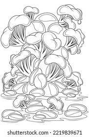 Fairy mushrooms on the stones. Vector illustration of children's coloring book