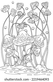 Fairy mushrooms in the rain. Children's coloring book vector illustration