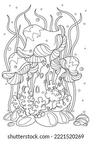 Fairy mushrooms under water in aquifers. Vector illustration of children's coloring book