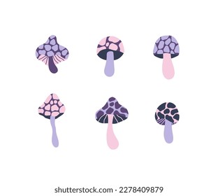 Fairy mushrooms vector illustration set. Whimsical cartoon fungi fly agaric, amanita, toadstool. Hand drawn magical clipart isolated on white background. Fantasy forest, toxic psychedelic plant.