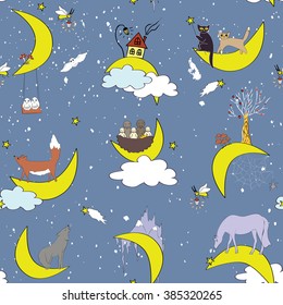 Fairy night seamless pattern with magic animals on moons. Fox, wolf, horse, cats, spider, birds, house, tree, and mushrooms in cosmos. Fairy fantastic landscape. Childish cosmic background.