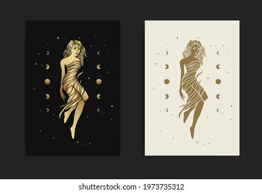 Fairy or nymph, with engraving, hand drawn, luxury, celestial, esoteric, boho style, fit for spiritualist, religious, paranormal, tarot reader, astrologer or tattoo vector