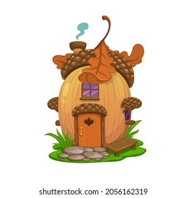 Fairy oak acorn house, vector dwelling of elf, gnome or wizard. Cartoon fantasy home, cottage or bungalow building made of acorn nut with windows, door, roof and chimney, oak tree leaves and bench