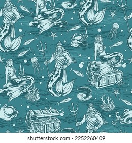 Fairy ocean monochrome pattern seamless terrible god Neptune and mermaid on seabed with chests filled with pirate treasures vector illustration