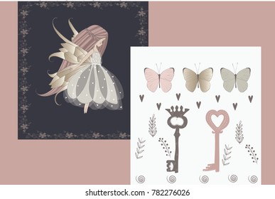 Fairy on a dark background with beautiful wings in a gorgeous dress. Girl with long hair. Elements of scenery. Keys, twigs, spirals, hearts. Cute frame for decorating illustrations