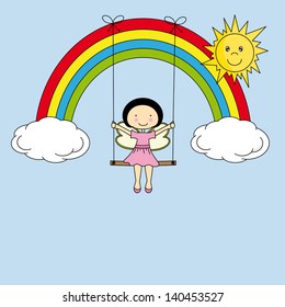fairy on a swing hanging from the rainbow