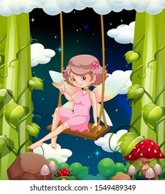Fairy on swing at night time illustration