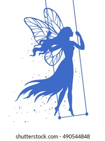 Fairy on swing, vector silhouette illustration for design, logo, sticker, decoration.
