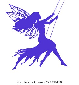 Fairy on swing, vector silhouette illustration for design, logo, sticker, decoration.