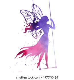 Fairy on swing, vector silhouette illustration for design, logo, sticker, decoration.