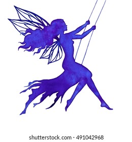 Fairy on swing, watercolor textured vector silhouette illustration for design, logo, sticker, decoration.