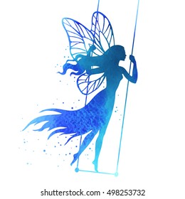 Fairy on swing, watercolor vector silhouette illustration for design, logo, sticker, decoration.