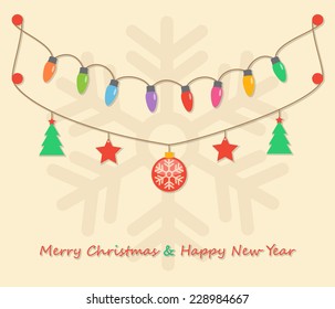 fairy party Christmas light bulbs, Christmas trees, Christmas balls, stars, hanging on snowflake light brown background. vector.
