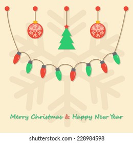 fairy party red ans green Christmas light bulbs, Christmas tree, Christmas balls, hanging on snowflake light brown background. vector.