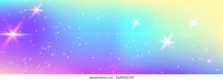 Fairy Pattern. Pink Rainbow Background And Beautiful Unicorn Gradient. Purple Magic Hologram. Fantasy Cartoon Dream With Shiny Holographic Star Design. Blue Fairy Pattern.