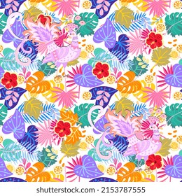 Fairy peacocks on the background of colorful tropical leaves, hibiscus flowers, lemon and orange slices in vector. Exotic natural print for summer fabric.
