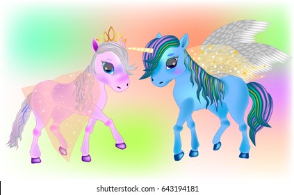 Fairy Pegasus and  Beautiful Ponies. Cute cartoon little  baby horse. Detailed vector illustration.  svg