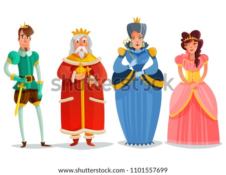 Fairy persons cartoon set with king prince princesses queen figurines isolated on white background flat vector illustration