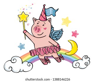 Fairy. Pig with wings and magic wand