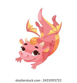 Fairy Pink Baby Dragon as Horned Legendary Creature Flying Vector Illustration