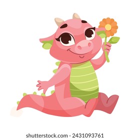 Fairy Pink Baby Dragon as Horned Legendary Creature Sit with Flower Vector Illustration