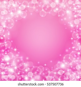 Fairy pink colored background with bokeh lights, stars and sparkles. Vector illustration.