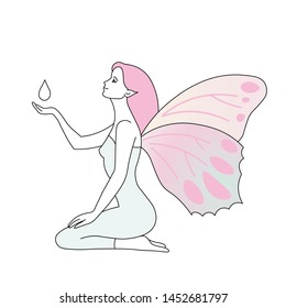 Fairy with pink hair is sitting and catching a drop of water. Line art.