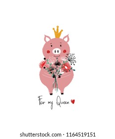 Fairy pink pig in crown holding a bunch of flowers. Love greeting card, poster or wedding invitation.