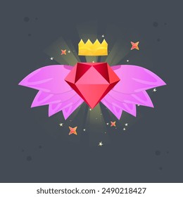 Fairy Pink Red Gem With Golden Crown Wings Game UI Badge Reward Isolated Vector Design