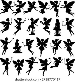 Fairy and pixie silhouette icon set. Containing magical fairies with wings, holding wands, flying, sitting, fantasy characters, and many more.
