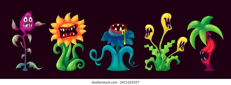 fairy plants. cartoon mystery fantasy foliage fabulous trees flowers plants, abstract forest nature. vector cartoon flat items collection.