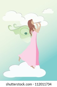 Fairy playing flute on the cloud