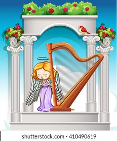 Fairy playing harp in heaven illustration