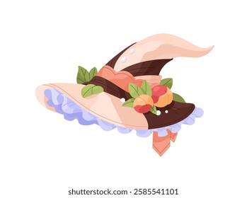 Fairy pointed hat decorated with peaches, leaves. Witch head accessory. Mage cap with decor, pointy magic headwear. Magician, wizard Halloween costume. Flat isolated vector illustration on white