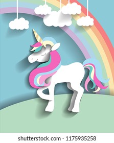 Fairy poster: vector papercut unicorn, rainbow, clouds. Bright fantastic picture.