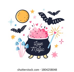 Fairy pot with boiled love potion decorated by doodle design elements vector flat illustration. Colorful sorcery composition with cauldron, fantasy mushrooms, moon, bat and magic wand isolated