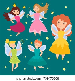 Fairy princess adorable characters Imagination beauty angel girls with wings vector illustration.