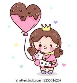 Fairy Princess baby with cute unicorn cartoon pony child and heart balloon(Valentine girl). Series: love festival kawaii vector. Perfect make a wish for fairy tale book, celebration party children.