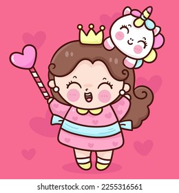 Fairy Princess baby and cute unicorn cartoon pony child holding magic wand (Valentine girl). Series: love festival kawaii vector. Perfect make a wish for fairy tale book, celebration party children.