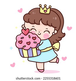 Fairy Princess baby hug giant cupcake (Valentine girl). Series: love festival kawaii vector. Perfect make a wish for fairy tale book, celebration party children, greeting card, nursery kids, pattern.