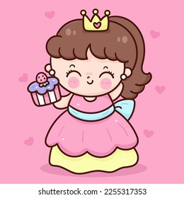 Märchenprinzessin Baby und süßer Kuchen (Valentinmädchen). Serie: Liebesfestival kawaii Vektor. Perfekt für einen Wunsch nach Märchenbuch, Fest-Party-Kinder, Grußkarte, Kindergarten, Muster.