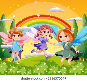 Fairy princess cartoon at magic land background illustration