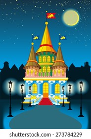 fairy princess castle at night in the moonlight and lanterns