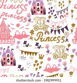 Fairy princess castle vector illustration hand drawn scandinavian style. Patern seamless set print textile background clipart for little girls for the holiday congratulations. pink and gold color cute