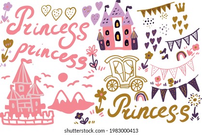 Fairy princess castle vector illustration hand drawn scandinavian style. set print textile background clipart for little girls for the holiday congratulations. pink and gold color cute