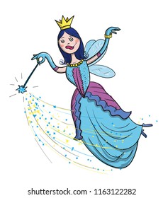 Fairy princess flies and waves a magic wand cartoon
